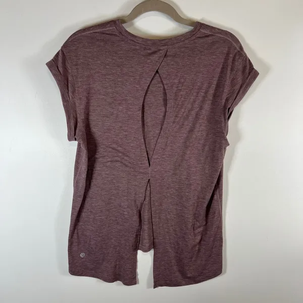 Lululemon‎ Open Back Split Hem Workout Top Heathered Plum Purple Short Sleeve - Image 4