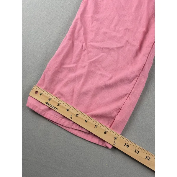 Pink Linen Blend Drawstring Wide Leg Pants Womens Casual Beach Trousers - Image 4