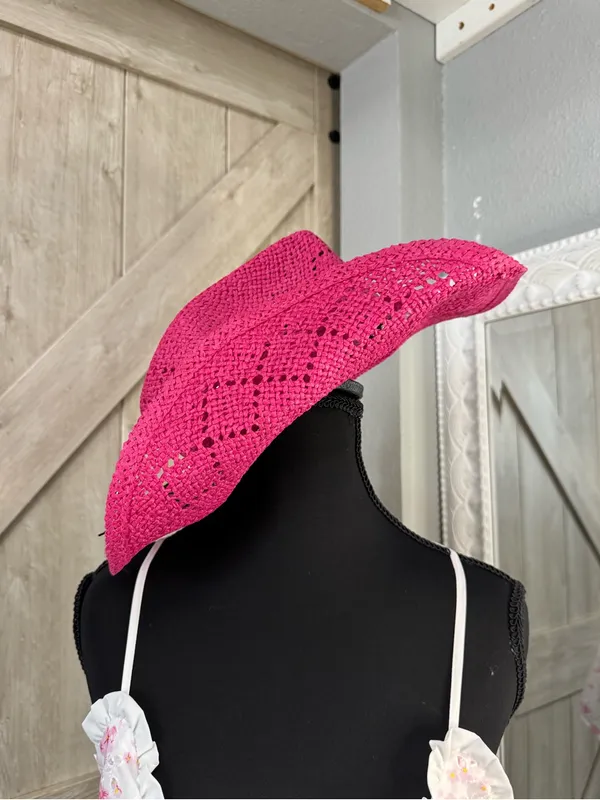Vibrant Fuchsia Beaded Straw Cowboy Hat 🤠💗 Pink - Image 3