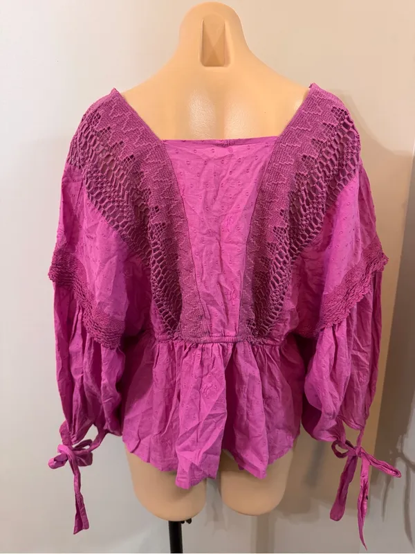 Free People Drive You Mad Neon Orchid Large Peasant Swiss Dot Purple Tie Sleeve - Image 8