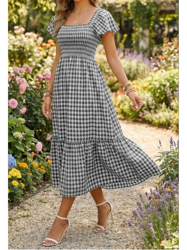 NEW Plaid Cotton 100% Cotton Smocked Square Neck Midi Lined Dress XL - Image 5