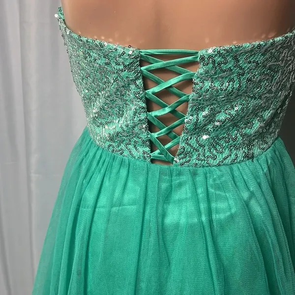 Sequin Hearts Green Strapless Sequin Tulle Fit Flare Dress Lace Up Back Size 5 - Image 6