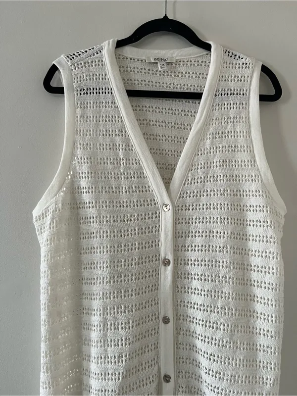 White Open Knit Crochet Button Front Sleeveless Midi Dress Large Coastal Resort - Image 3