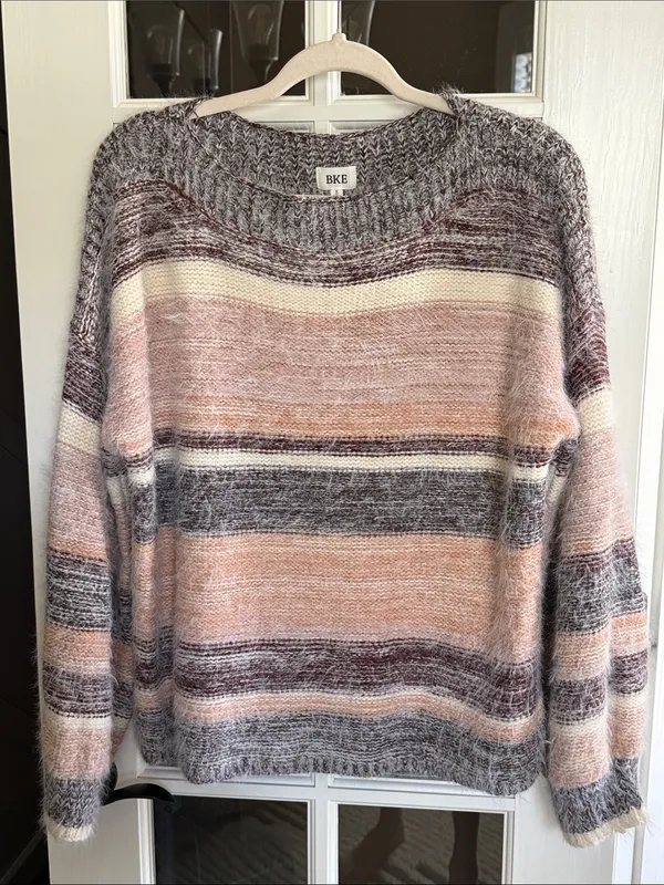 BKE Oversized Striped Fuzzy Boatneck Sweater S Boho Cabincore Scandi - Image 2
