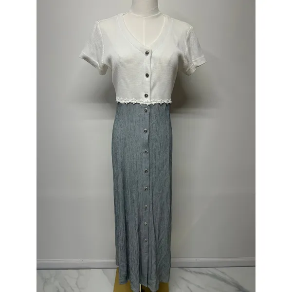 Vintage 90s L.A. Gal Colorblock Maxi‎ Dress White Knit Gray Skirt 12 - Image 2