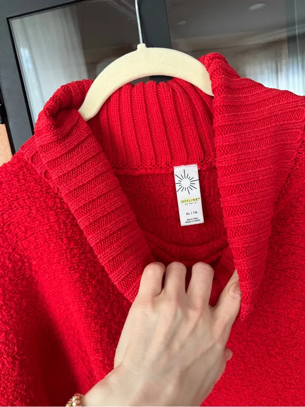 Aerie turtleneck boucle sweater textured red wool oversized rib knit tunic - Image 3