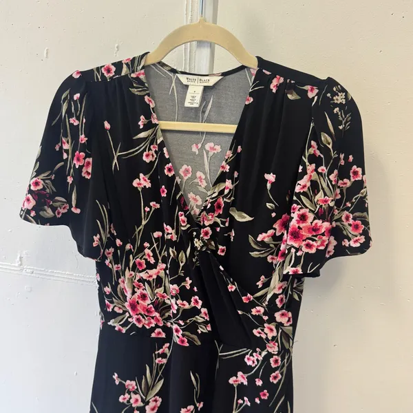 White House Black Market Floral Faux Wrap High Low Midi Dress Black Pink 4 - Image 3