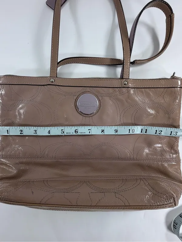 Coach Taupe Patent Leather Signature C Embossed‎ Tote Zip Shoulder Bag F15142 - Image 11