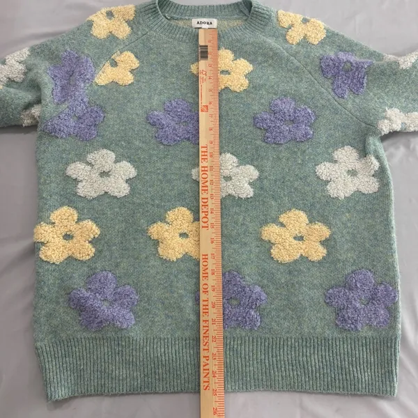 Adora Floral Knit Sweater Sage Green Purple Yellow 3D Flower Pullover L - Image 5