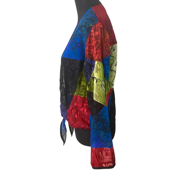 Chico's Y2K Silk Lace Burnout Velvet‎ Patchwork Artsy Boho Art to Wear Tie Front Top Med - Image 3