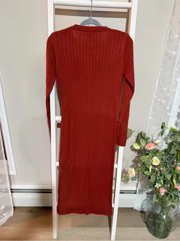 ASOS Ribbed Wrap-Style Midi Dress in Brick Red - Image 5