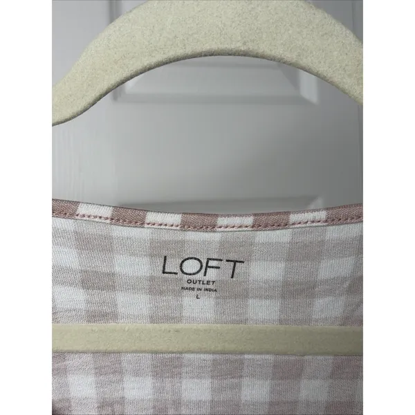 Loft Gingham Flutter Sleeve Top Womens Size L‎ Mauve White Tie Neck Rayon Blouse - Image 3