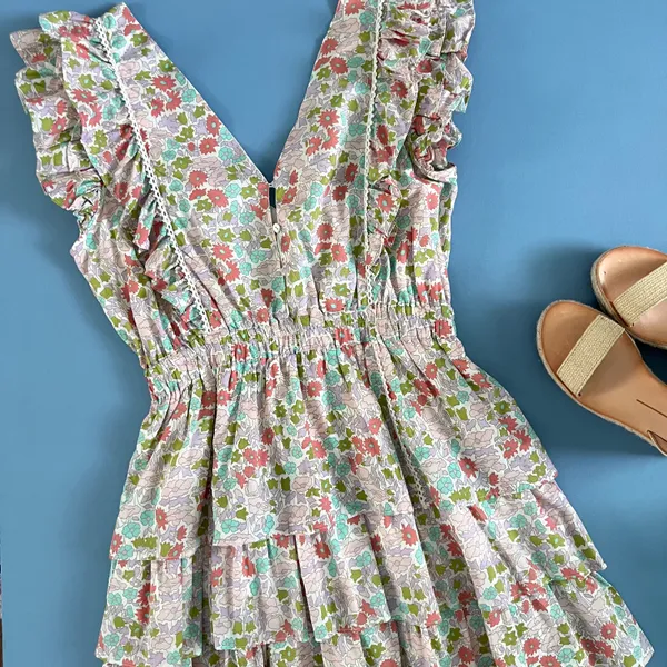 Anthropologie NWT Love The Label Ines Ivory Floral Tiered Ruffle Mini Dress - Image 8