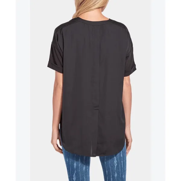 Lysse Mixed Media V-Neck Top Women S Teal Green Workwear Minimalist Short Sleeve - Image 2