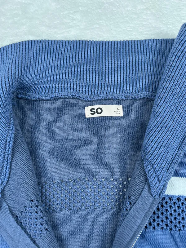 SO Striped Full Zip Open Knit Mock Neck Sweater Blue White Size M - Image 2