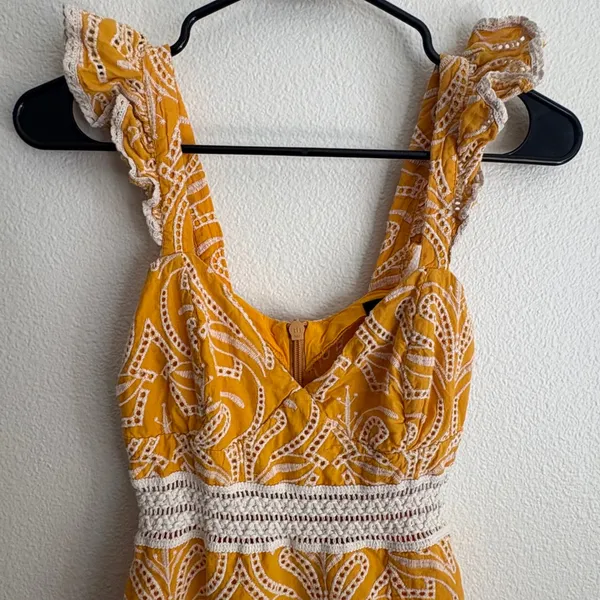 ELA‎ Mustard Yellow Eyelet Embroidered Maxi Dress Ruffle Strap Cutout Size 6 - Image 2