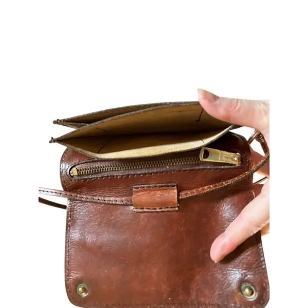Vintage Brown Leather Crossbody Purse Minimalist Bag w/ Zipper & Snap Closure - Image 6