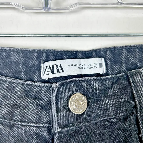ZARA Acid-Wash black denim high-waist straight leg raw hem jeans Size 8 US‎ - Image 3