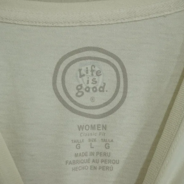 Life is Good Women's Large Happy Camper Graphic T-Shirt Cream Cotton Outdoors - Image 4