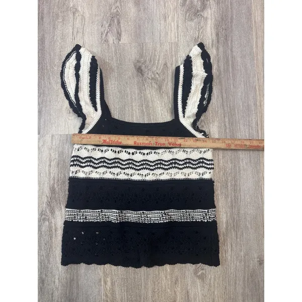 Loft Crochet Knit Ruffle Sleeve Striped Tank Black White Square‎ Neck Size Small - Image 4