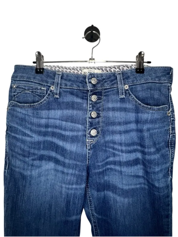 Ariat REAL Medium Wash Button Fly Raw Hem Flare Denim Jeans - Image 2