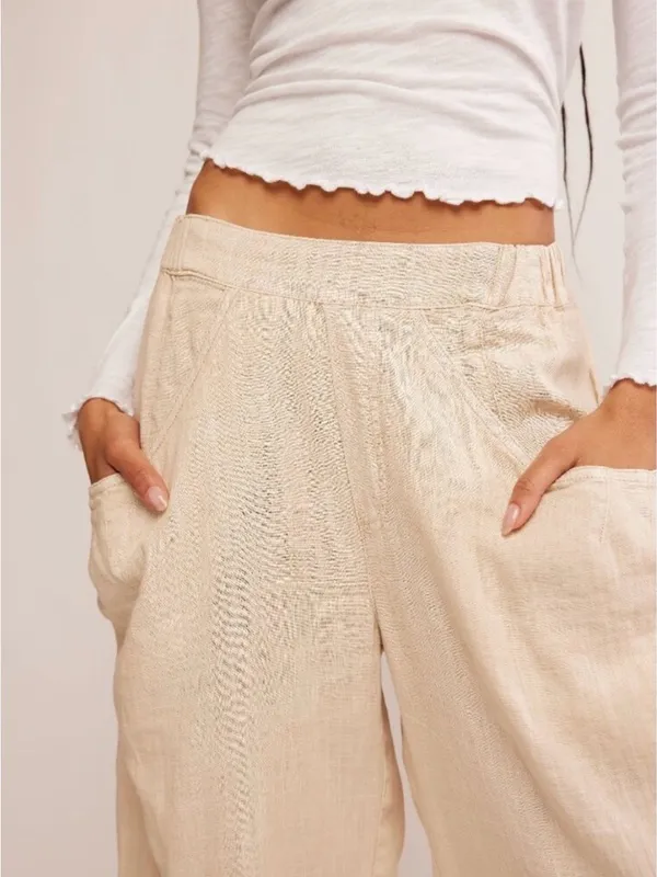 🆕 NWT Free People High Road Barrel Pants Linen Boho Wide-Leg Pockets Tan Large - Image 9