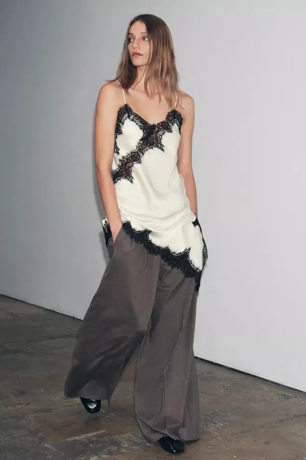 Zara Satin Lace-Trim Slip Dress - Lingerie White with Black Lace - Image 10