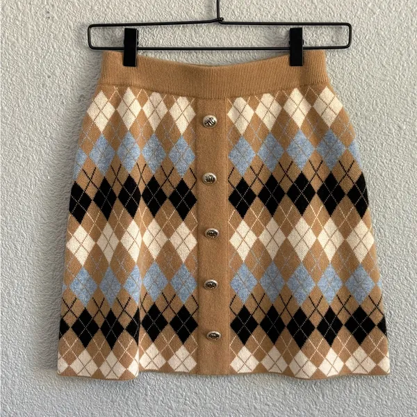 NWT Maje Argyle‎ Jilina Wool Blend Mini Skirt in Camel Size 38/Small - Image 3