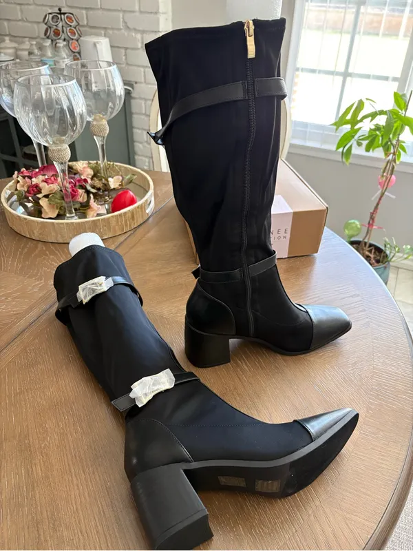 Journee Collection Black Mid-Calf Block Heel Boots with Strap Detail - Image 3