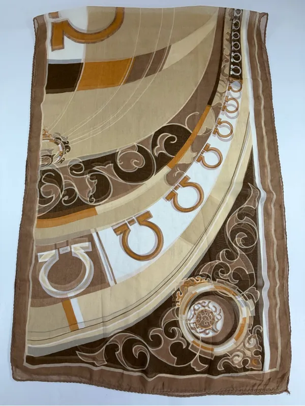 Equestrian Horseshoe Oblong Scarf‎ Taupe Brown Cream Chiffon Sheer Wrap 64x21 - Image 2