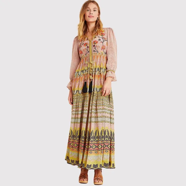 NWT Bhanuni by Jyoti Dress Pink Giorgia Maxi Floral V Neck Puffed Boho Size 2 - Image 3