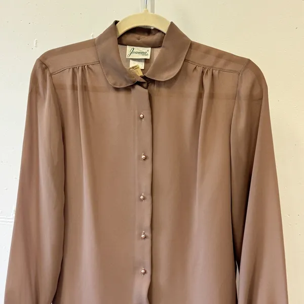 NWT Vintage Joanna Brown Taupe Sheer Button Up Blouse Peter Pan Collar Size 8 - Image 3
