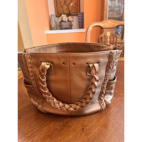Nordstrom Brown Genuine Leather Tote Shoulder Bag Medium Boho Braided Trim - Image 3