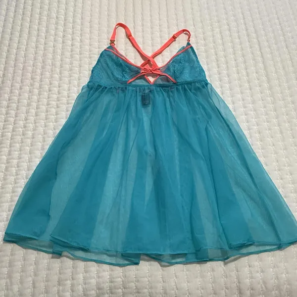 Victoria’s Secret Sheer Blue Coral Neon Lace Mesh Babydoll Lingerie Sz S Small - Image 10