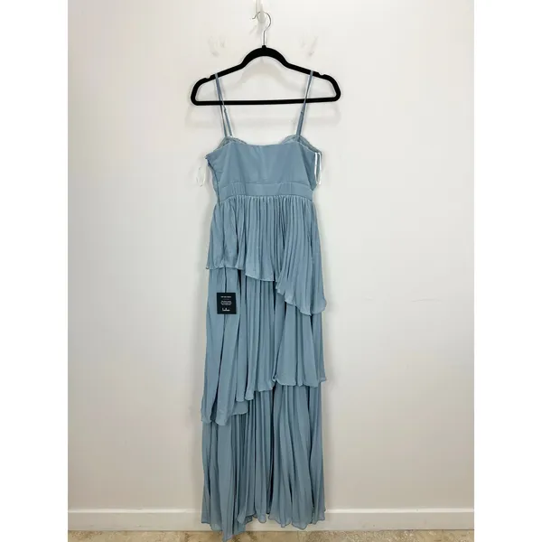 Lulus Jehona Dusty Blue Pleated Tiered Maxi Dress Long Formal A Line Small NWT - Image 7