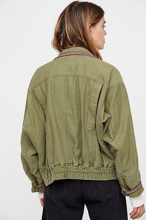 Free People Flight Line Women's Size S Olive Green Embroidered Bomber Jacket - Image 5