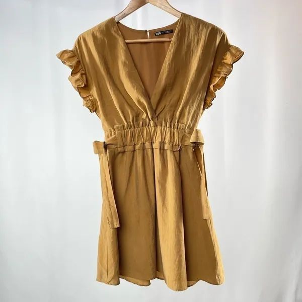 Zara Ruffle Tie Waist Mini‎ Dress in Brown Size Extra Small - Image 3