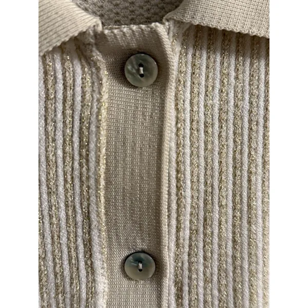Linea Moda Italy Beige Button Down Knit Shirt M Glitter Thread‎ Short Sleeve - Image 4