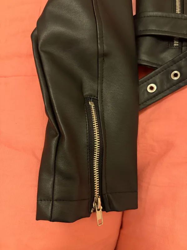 Windsor Windsor Black Faux Leather Belted Moto Jacket with Silver Hardware - Image 15