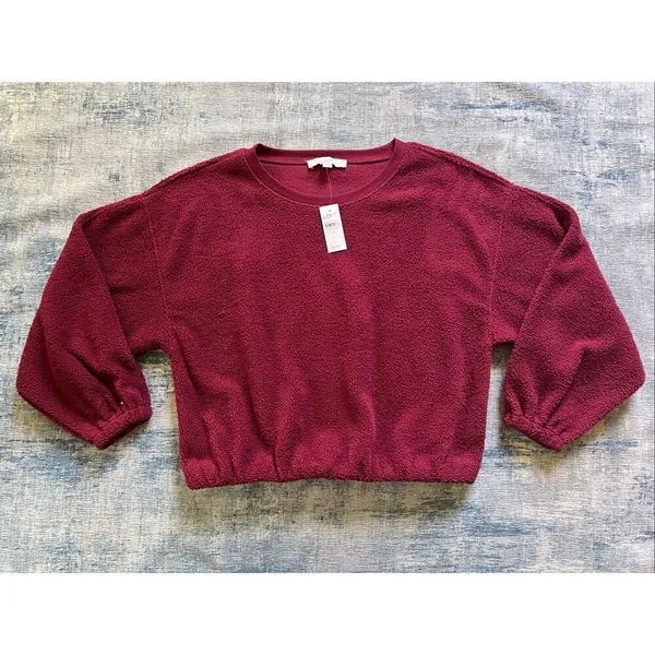NWT! Loft Deep Wine Burgundy Sherpa Bubble Sweatshirt Medium - Image 2