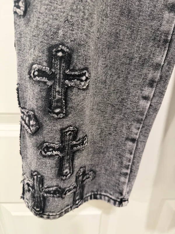 Ashley Mason Black Acid-Wash Wide-Leg Jeans with Cross Embroidery - Image 2