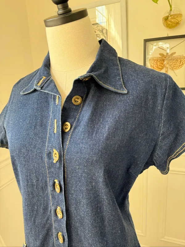 Vintage 90s G Dresses Stretchy Denim Half Button Drop Waist Dress L XL 14 - Image 5