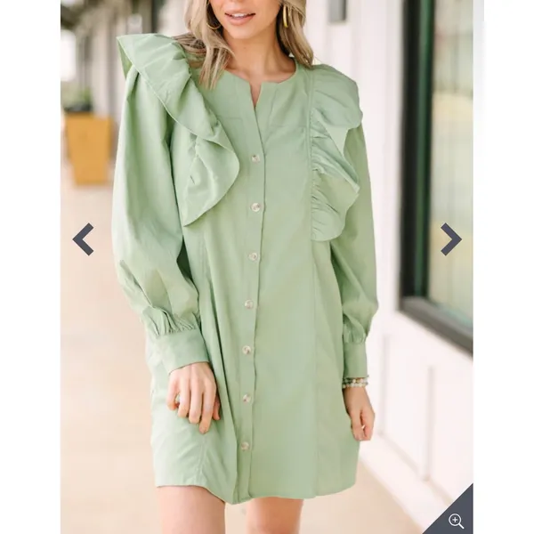 Entro Porch Swing Sips Mini Dress Pear Green Ruffle Button Front Small‎ NWT - Image 11