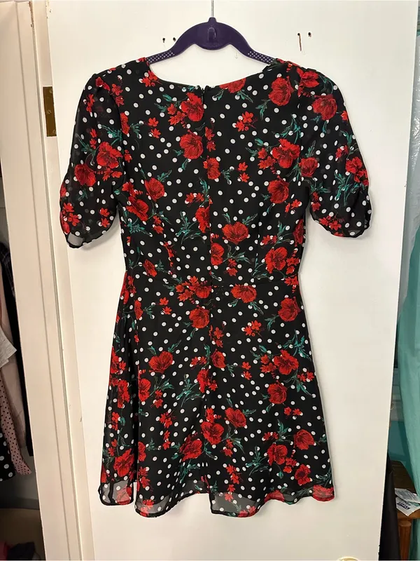 Forever 21 Black Floral Polka Dot Short Mini Dress with Puff Sleeves size small - Image 2