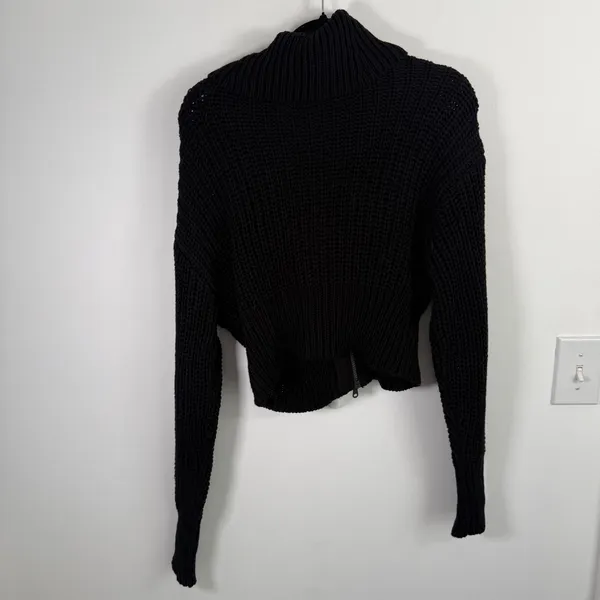 Aerie Double Zip Cardigan Sweater Black Chunky Knit Cropped Mock Neck Women Smal - Image 5