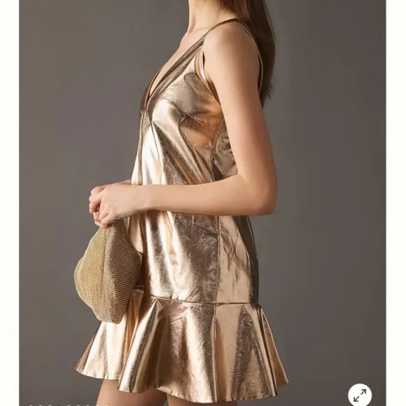 MARE MARE ANTHROPOLOGIE Gold Metallic V-Neck Dress Mini Size L‎ NWT - Image 5