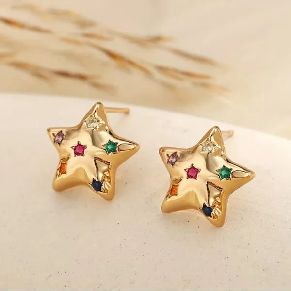 Gold Star Earrings with Multicolor Gems - Image 5
