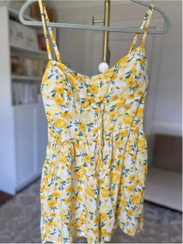 AUW Yellow Floral‎ Smocked Mini Romper Shorts Pockets Cottagecore Coquette Boho - Image 2