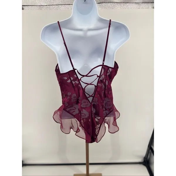 Vintage Victorias Secret Satin Teddy Lingerie Gold Label Maroon Floral Size M - Image 10