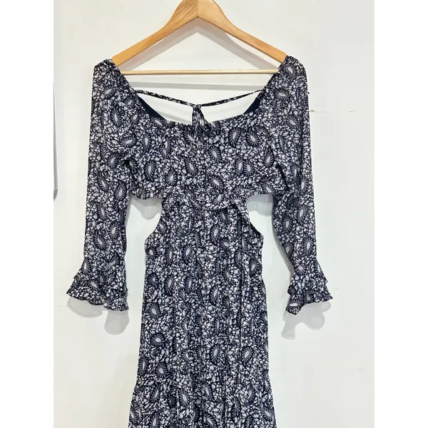 Lulus Blissful Sweetie Navy Blue Paisley Tiered Cutout Midi Dress Size XS - Image 3